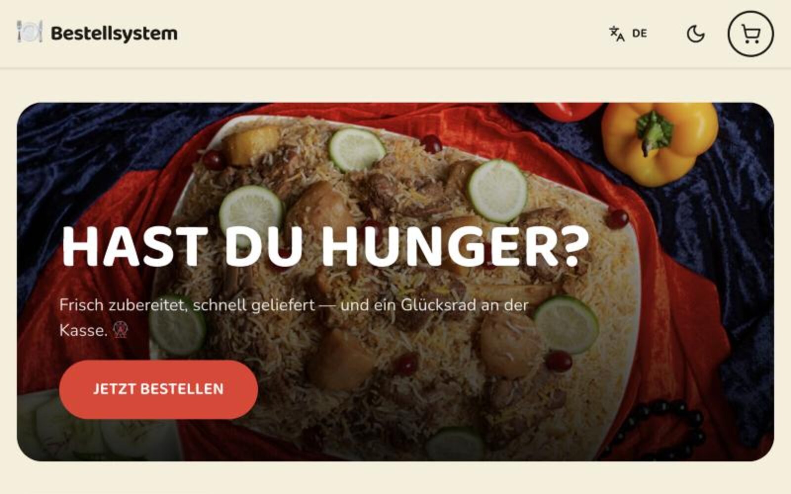 Mobile preview of a DeepO3-built restaurant ordering platform with bilingual UI and a lucky-wheel checkout feature.